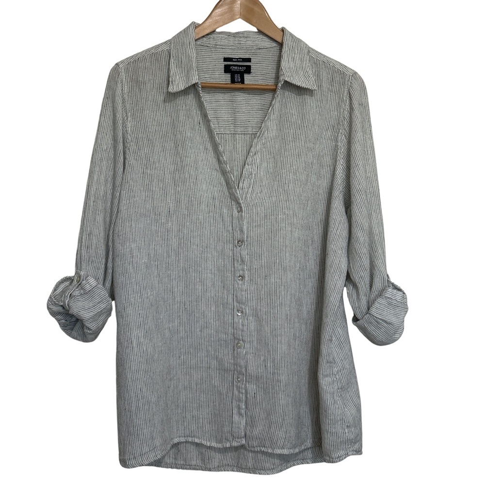 JNY 100% Linen Long Sleeve Striped Boho Chic Button Down Top - 1X - White, Black
